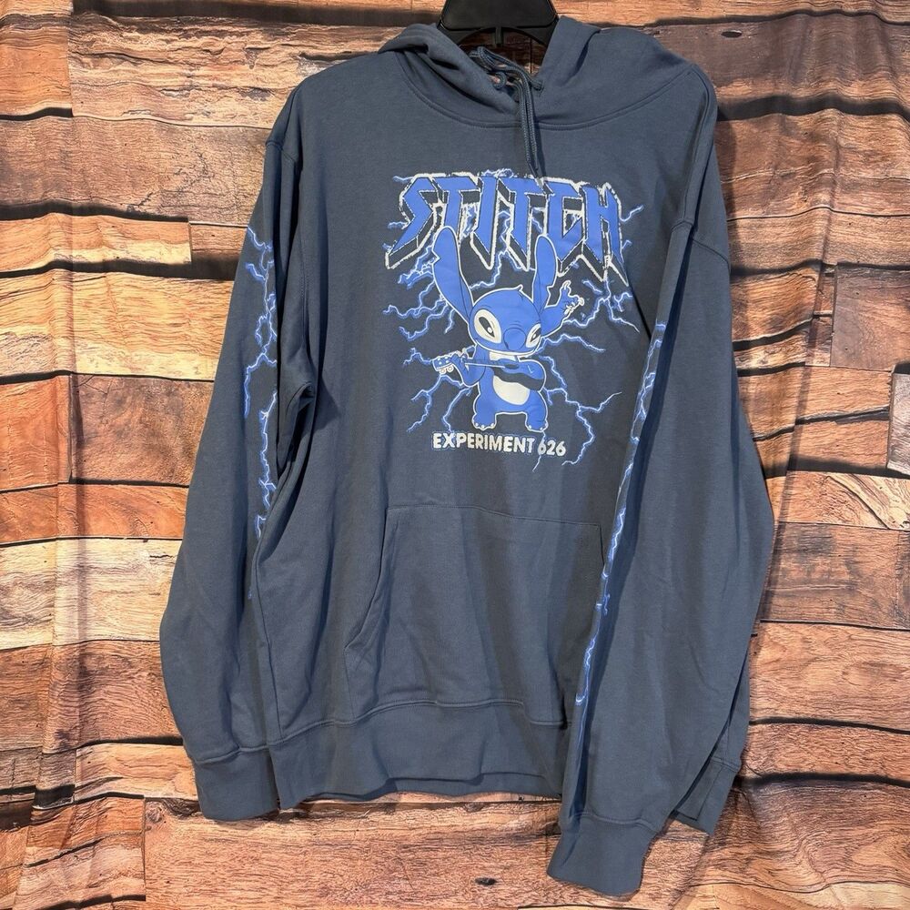 Disney Stitch Hoodie Mens Large L Blue Grey Heavy Metal Lightning Exp 626